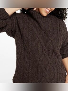 LL Bean 1912 Heritage Wool Blend Sweater Womens XL Cable Knit Mock Neck Brown